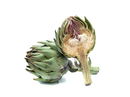 Globe artichoke and its section isolated on white backgroundの写真素材