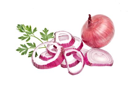 Onion, onion slices  and parsley isolated on white backgroundの写真素材