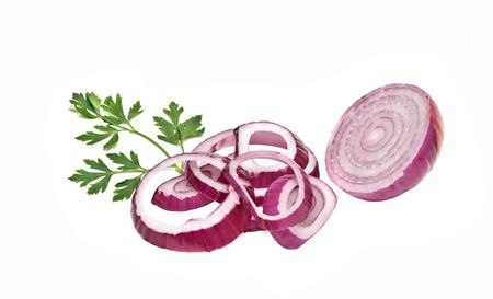Onion, onion slices  and parsley isolated on white backgroundの写真素材