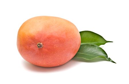 Mango on leaves isolated on white backgroundの写真素材