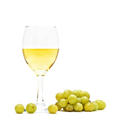 Goblet with wine and grapes isolated on white background の写真素材
