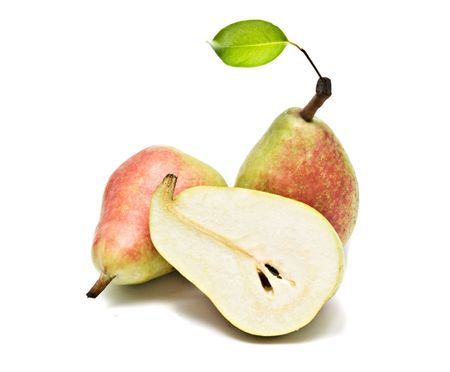 Two halfes of pear isolated on white backgroundの写真素材