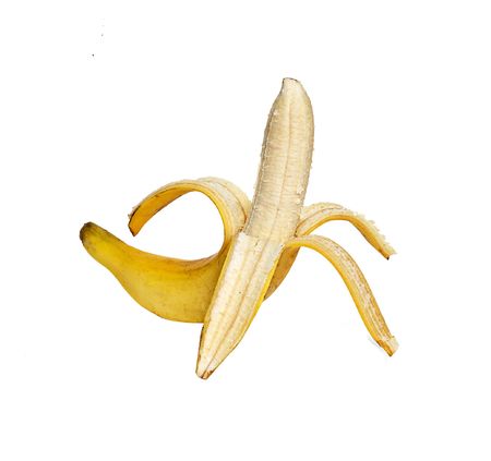 Peeled banana isolated on white backgroundの写真素材