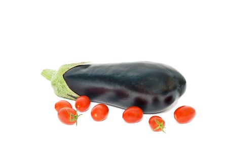 Eggplant and cherry tomatoes isolated on white backgroundの写真素材