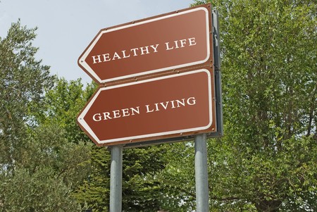 Road signs to healthy life and green livingの写真素材