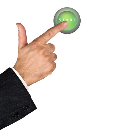 Man pressing START button