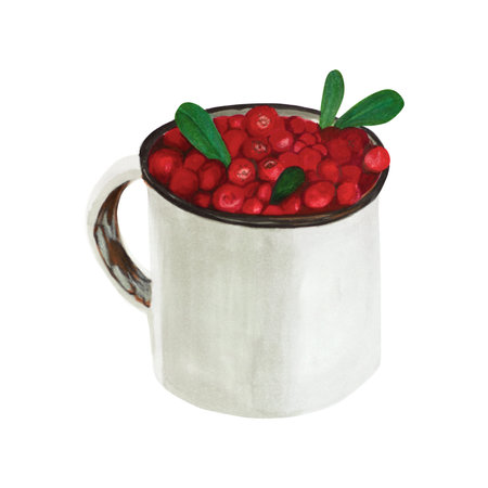 Cranberry in a tin. Detailed hand drawn watercolor illustration of red berries, some green leaves in a cozy mug. Ideal for food-related artwork, kitchen prints, product packaging, and seasonal decorations.の写真素材