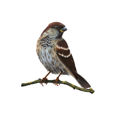 Watercolor illustration of a sparrow sitting on branch of the tree. Object is isolated on white background. Drawing for postcards, prints, posters, stickers, scrapbooking.の写真素材