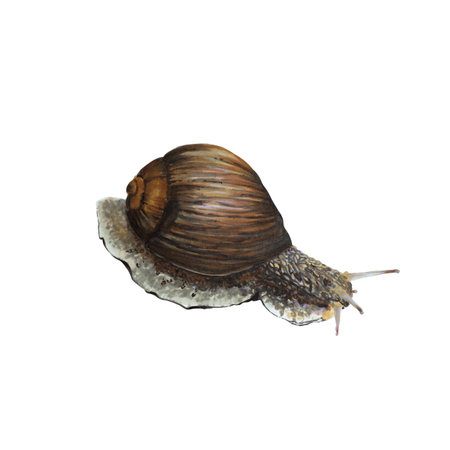 Realistic color illustration of snail, isolated on the white background. Garden mollusk with shell, painted with markers, watercolor for animal encyclopediaの写真素材