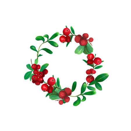 Cranberry branches with green leaves. Watercolor, markers wild berries frame. Hand drawn floral wreath. Botanical herbaceous plant drawing for postcards, prints, posters, stickers, scrapbookingの写真素材