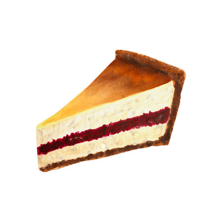 A slice of berry cheesecake topped with marmalade filling. Hand-drawn watercolor, markers illustration, isolated on white background. Ideal for food-related artworks, kitchen prints, product packaging, seasonal decorations and menuの写真素材