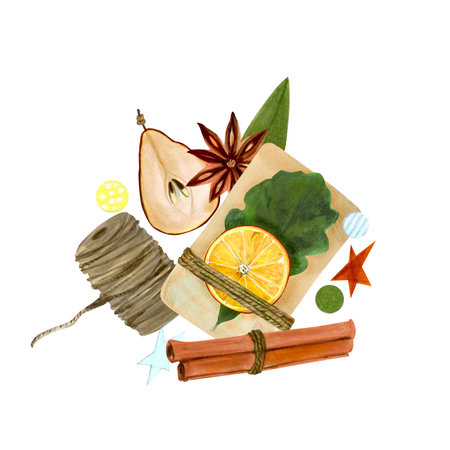 Eco-friendly Christmas watercolor hand-drawn composition with pear slice, orange, cinnamon, gift, anise, green twine and paper confetti. Illustrations isolated on white backgroundの写真素材