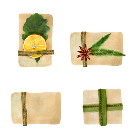 Eco-friendly gift wrapping watercolor set with dried orange, fir, twine, and star anise. Hand-drawn festive boxes in earthy colors. Ideal for Christmas packaging, cards, sustainable DIY projectsの写真素材