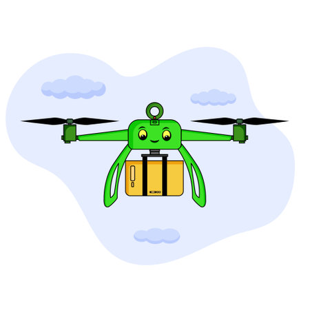 Drone delivery service. Modern delivery of the package by flying quadcopter. Fast and convenient transportation concept. Vector illustrationのイラスト素材