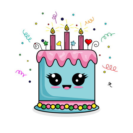 Birthday cartoon cake with candles and confetti. Greeting card. Happy Birthday. Celebration event concept. Vector illustration isolated on white background.のイラスト素材