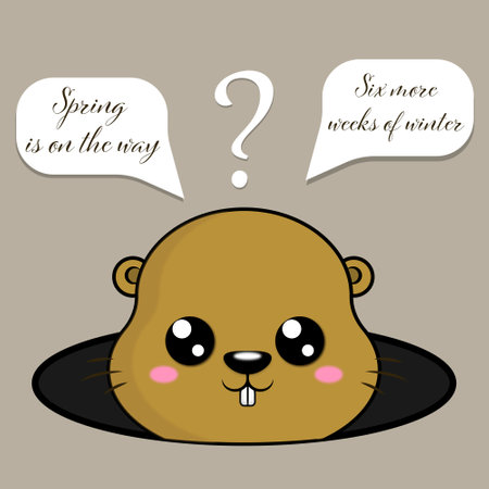 Happy Groundhog day. Cute marmot predicts the weather. Spring is on the way or six more weeks of winter in speech bubbles. Element for print, banner.のイラスト素材