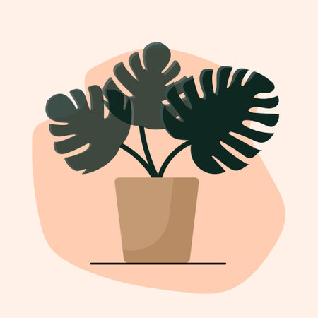 Trendy composition monstera plant in pot for home decor, greeting card designs, invitation, flyers, web design. Modern art. Minimalist shapes in pastel colors on light isolated background. Vector illustration.のイラスト素材