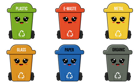 Set of garbage containers. Recycle bins plastic, metal, glass, e-waste, paper, organic. Cartoon characters. Vector illustration isolated on white backgaroud.のイラスト素材