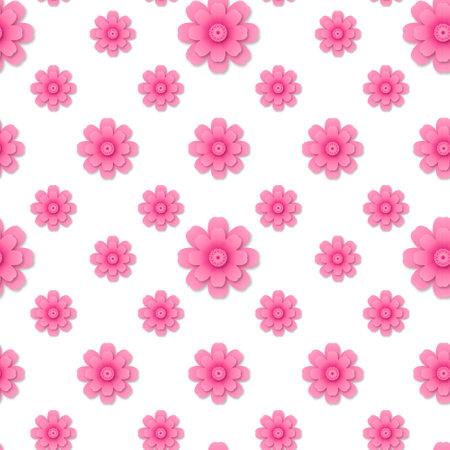 Modern seamless pattern with pink 3d flowers in paper cut style. Floral trendy creative wallpaper.のイラスト素材