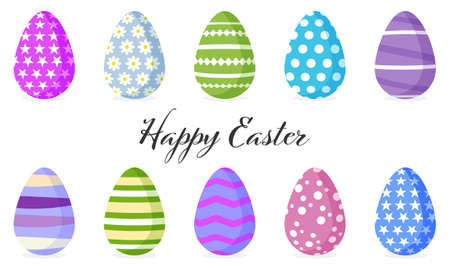 Set of colorful Easter eggs. Spring holiday. Vector Illustration in lat style isolated on white background.のイラスト素材