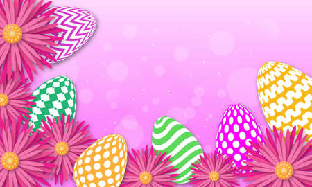 Happy Easter background with Eggs, spring Flowers and empty space for your text. 3d render illustration.のイラスト素材