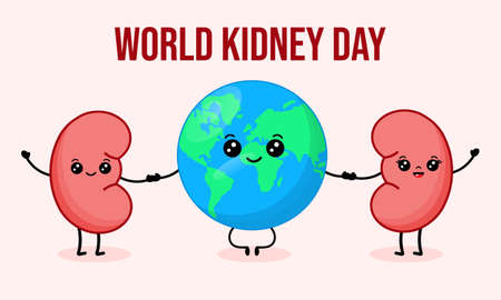 Vector illustration for world kidney day. Cartoon couple of kidneys holds hands cute earth.のイラスト素材