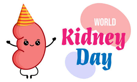 World kidney day. Cartoon kidney wear birthday party hat and celebrate holiday. Vector illustration...