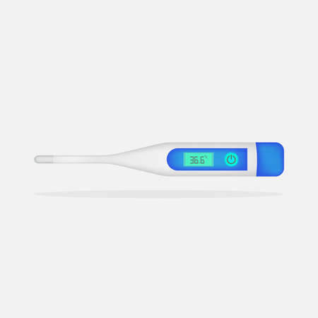 Electronic medical thermometer isolated on white background. Realistic digital thermometer show temperature healthy human. Clip art, design template for graphics. Top viewのイラスト素材