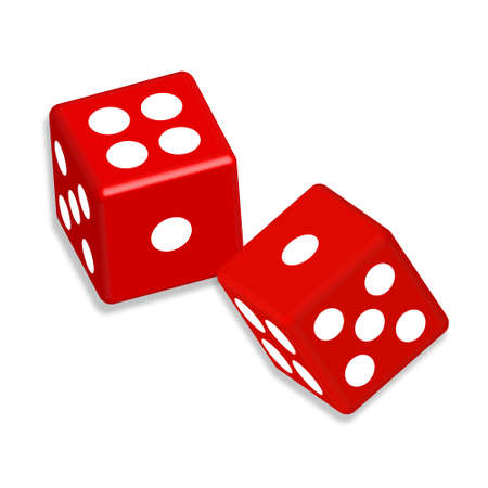 Two red dice cubes with shadow on the white background. Casino gambling template concept.のイラスト素材