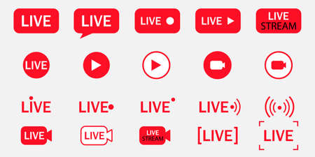 Big set of live streaming vector icons. Red symbols and buttons for broadcasting, livestream or...