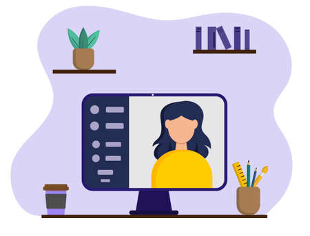 Online studying at home. Distance education. Flat vector illustration isolated on white background.Can be used for web design, banners, promotional materials etc.のイラスト素材