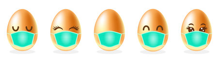 Happy Easter. Set of gold Easter eggs in medical face mask. Concept of Easterのイラスト素材