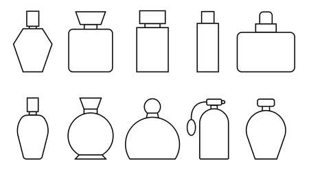 Set of vector outline perfume bottle icons. Packaging of various shapes, linear iconsのイラスト素材