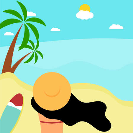 A young elegant woman in hat sitting on the beach and admiring sea landscape. Summer vacation vector illustration. Concept of vacation and beachのイラスト素材
