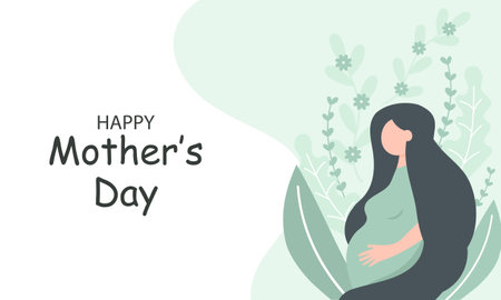Beautiful pregnant woman with text for Happy Mother's Day celebration. Vector illustration with flower background.のイラスト素材