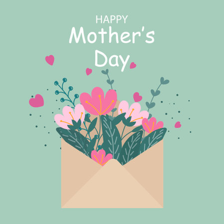 Happy Mother's Day. Bouquet of spring flowers inside the envelope. Hand drawn trendy vector greeting card.のイラスト素材