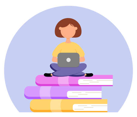 The cute girl with laptop sits on books. Online education or business training concept. Vector stock illustrationのイラスト素材