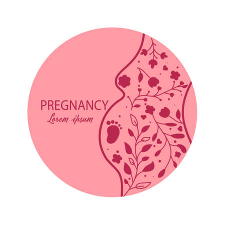 Pregnant woman in trendy linear style. Minimalist design with floral elements. Vector illustrationのイラスト素材