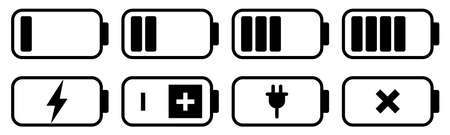 Battery icon set. Battery charge level indicator. UI elements symbols. Vector design isolated on white backgroundのイラスト素材