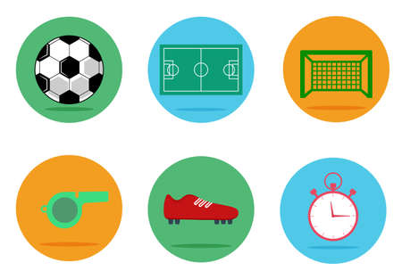 Set of soccer, football vector icons. Modern solid symbol collection. Collection includes football ball, field, net, whistle, football boots, timerのイラスト素材