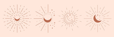 Set of mystical moons linear logo icons. Simple boho style. Magic, mystic vector design element