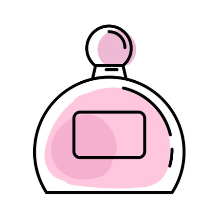 Perfume bottle in line style with abstract pink shapes. Minimalist concept. Cosmetic product. Vector illustrationのイラスト素材