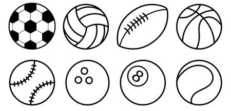 Collection Of Black And White Sports Balls Flat style. Football, soccer, basketball, tennis, baseball, volleyball, bowling, billiard. Vector icons isolated on white backgroundのイラスト素材