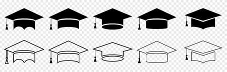 Collection of graduation student cap. Vector isolated on transparent backgroundのイラスト素材