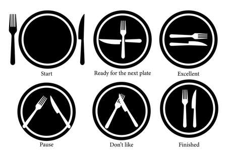 Fork, knife and plate serving. Cutlery gestures which reflects thoughts about food. Vector icons isolated on white backgroundのイラスト素材