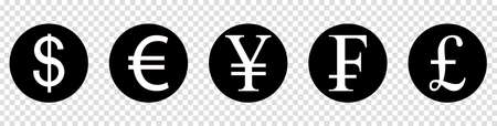 Money Icon Set. Dollar, Euro, Yen, Swiss Franc, Pound Sterling. Vector Illustration Isolated on Transparent Backgroundのイラスト素材
