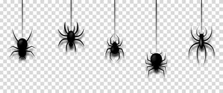 Vector illustration with hanging spiders for decoration and covering on transparent background. Creepy background for Halloweenのイラスト素材