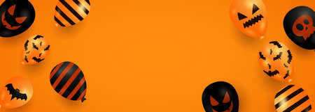 Halloween Banner with Ghost Balloons on Orange background. Scary air balloons with place for your textの写真素材