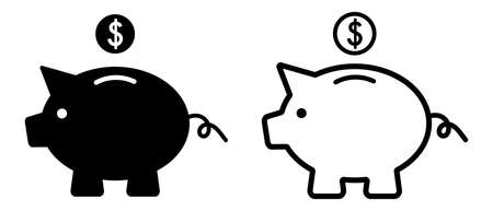 Piggy bank icons with falling coins. Pig silhouette. Vector illustration isolated on white backgroundのイラスト素材
