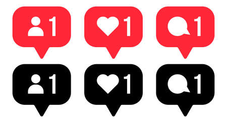Social media notification flat icons in red and black color. Social media comment, like, follow signs. Can use for web and mobile app. Vector illustrationのイラスト素材